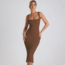 Chic Midi Dress with Square Neckline and Lace Details