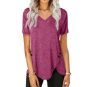 Stylish Women's V-Neck Tee with Asymmetrical Hem & Button Accents