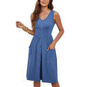 Chic Knee-Length Summer Dress with Button Accents and Handy Pockets