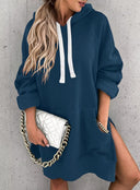 Chic Women's Hooded Dress with Pockets and Side Slits