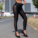 Chic Women's High-Shine Leggings with Mesh Inserts and Rhinestone Accents