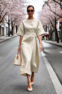 Chic Midi Dress with Wide Waist Belt and Relaxed Sleeves