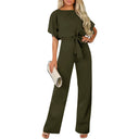 Women's Long Jumpsuit with Tie Belt & Cap Sleeves