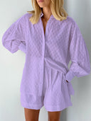 Women's Short Sleeve Blouse Set with Elastic Waist Design