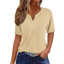Women's Short Sleeve Blouse with Lace Details and Button Accents