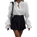 Women's Puff Sleeve Blouse with Classic Stand-Up Collar