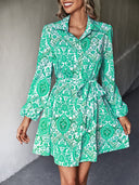 Floral Print Women's Shirt Dress with Adjustable Tie Belt