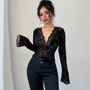 Women's Lace Top with Deep V-Neck & Ruffle Accents