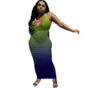 Gradient Women's Long Bodycon Dress with Deep Neckline