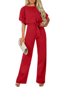 Women's Long Jumpsuit with Tie Belt & Cap Sleeves