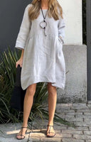 Chic Women's Linen Dress with Asymmetrical Hem and Pockets