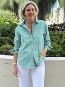 Striped Women's Long Sleeve Blouse with Hidden Button Detail