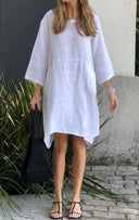 Chic Women's Linen Dress with Asymmetrical Hem and Pockets
