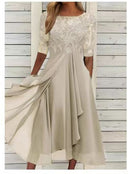 Ladies Lace Sleeve Midi Dress with Flared Skirt