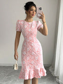 Floral Lace Midi Dress with Ruffled Hem for Women