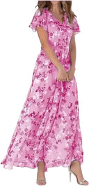 Floral Chiffon Women's Maxi Dress with Sheer Sleeves