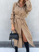 Chic Women's Tie Belt Shirt Dress with Side Slit