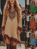 Artistic Embroidered Women's Festival Dress with Fringe