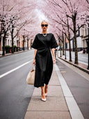 Chic Midi Dress with Wide Waist Belt and Relaxed Sleeves