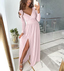 Chic V-Neck Maxi Dress with Sleek Slit Design