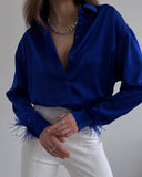 Chic Satin Blouse with Feather Accents