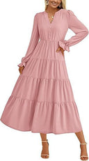 Chic Women's Maxi Dress with Button Details and Flowing Sleeves