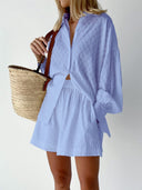 Women's Short Sleeve Blouse Set with Elastic Waist Design