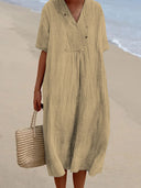Women's V-Neck Midi Dress with Short Sleeves