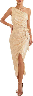 Women’s Asymmetrical Evening Gown with Sequin Detail and High Slit