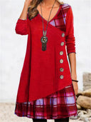 Asymmetrical Women's Dress with Checked Hem & Button Detail