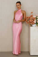 Chic Satin Maxi Dress with High Neck Design