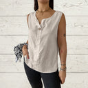 Ladies Linen Sleeveless Blouse with Button Accents