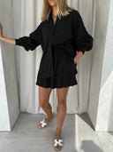 Women's Short Sleeve Blouse Set with Elastic Waist Design