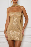 Sequin Off-the-Shoulder Cocktail Dress with Cape