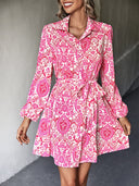 Floral Print Women's Shirt Dress with Adjustable Tie Belt