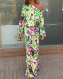 Stylish Off-Shoulder Tie-Dye Maxi Dress with Voluminous Sleeves