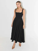 High Waist Midi Dress with Square Neck Design