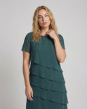 Chic Women's Dress with Layered Overlay & Round Neck