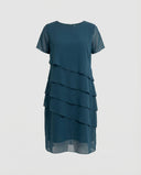 Chic Women's Dress with Layered Overlay & Round Neck