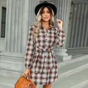 Chic Checked Shirt Dress with Belt and Button Accents