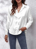 Chic Satin Blouse for Women - Loose Fit with Button Placket and Long Sleeves