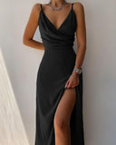 Chic Plunge Neck Ruffled Slit Dress