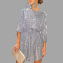 Sequined Mini Dress with Pleated Waist and Flowy Sleeves