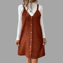 Chic V-Neck Cord Dress with Straps & Buttons