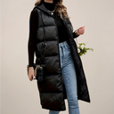Women’s Black Longline Puffer Gilet – Stylish Hooded Vest for Outdoor Adventures