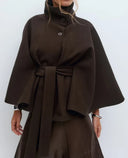 Chic Cape Coat for Women - Funnel Neck & Belted Design