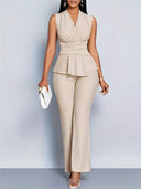 Chic Women's Sleeveless Wrap Top & Flared Pants Ensemble