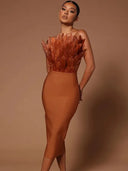 Strapless Feather-Accented Bodycon Dress