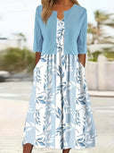 Chic Floral Dress Set with Round Neck Crop Top