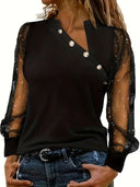 Asymmetrical Neckline Blouse with Mesh Sleeves